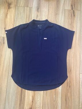 Figs Navy Montex Short-Sleeve Mandarin Collar Top Medical, Dental, Hospital